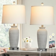 Cinkeda Farmhouse Jar Table Lamps for Living Room Bedroom Bedside Lamp Set of 2 with USB A+C Ports AC Outlet Modern 3 Way Dimmable Touch Nightstand Lamp Resin